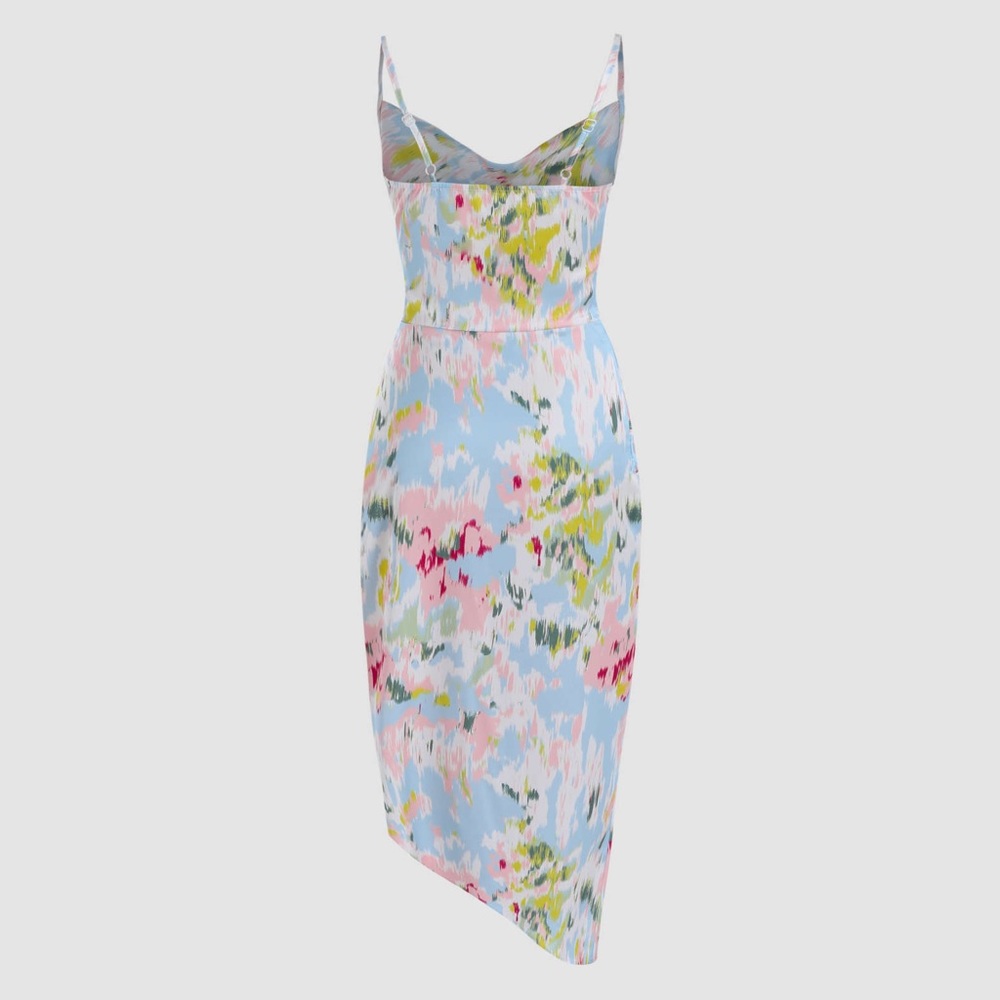 Illusion Floral Ruched Cowl Neck Midi Dress | Size XS - Picture 2 of 8